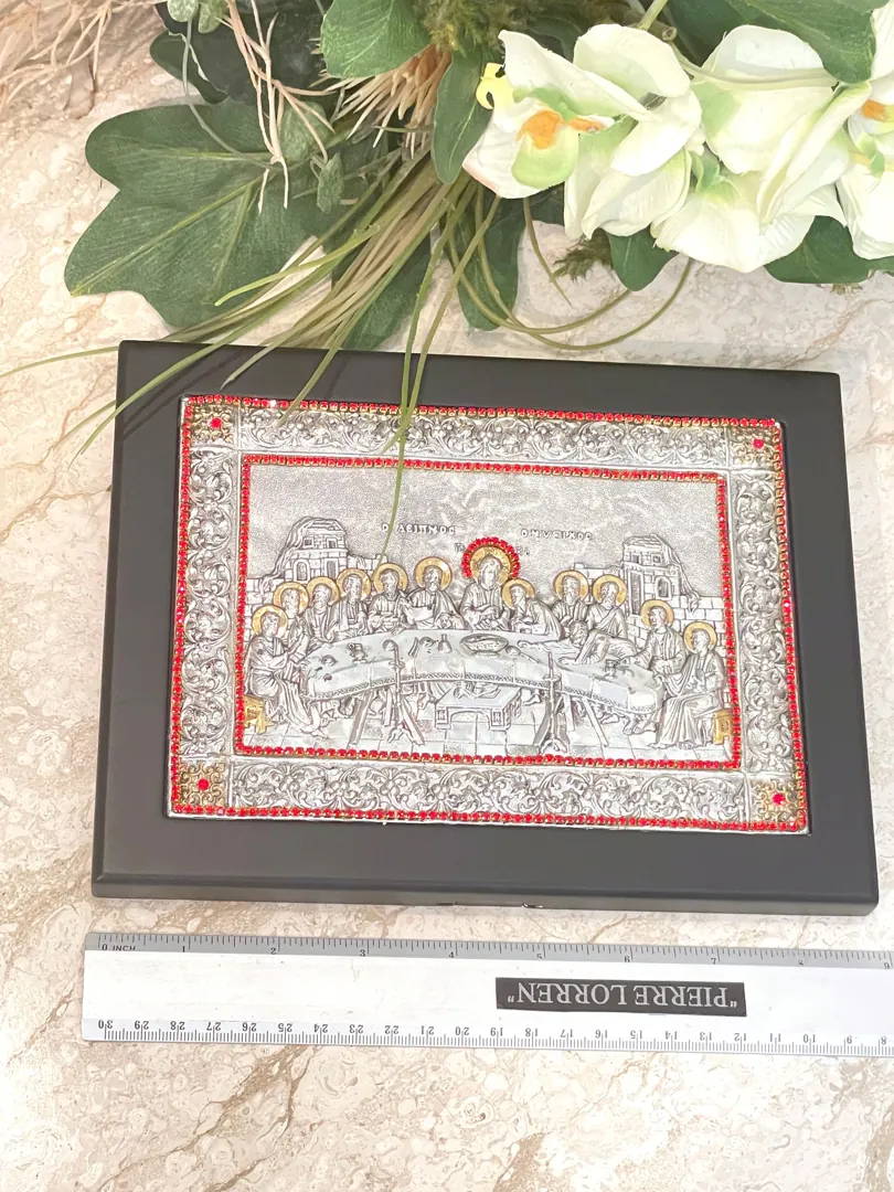 1990 Vintage Last Supper Sterling Silver Icon: Easter Christian Gift 24k Gold, Austrian Crystals