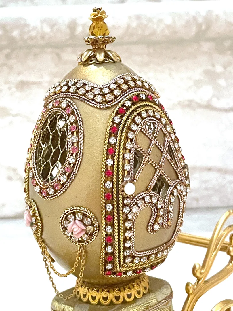 1975 Vintage Golden Anniversary Faberge Egg Style Natural Carved Egg 50th Marriage Anniversary Gifts for Parents Pure Gold Decor Swarovski.