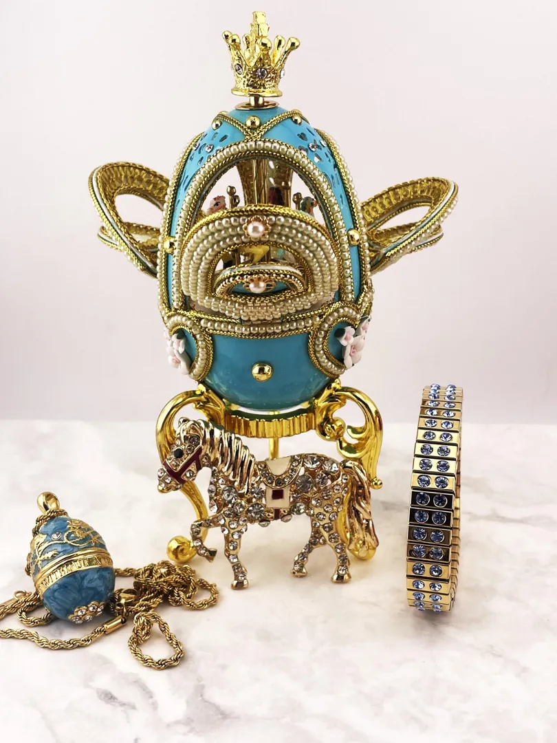 2005 Vintage Faberge Egg Music Box - Faberge Style Egg - Faberge Pendant Necklace Set 21st Birthday Anniversary Gift Fabergé Horse Carousel