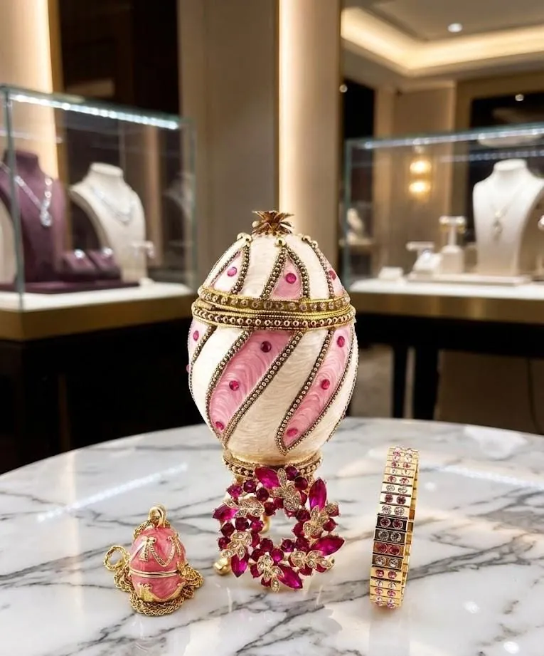 One of a KIND - 1996 Faberge Egg Music Box - Faberge Style Egg - Faberge Pendant Necklace Set, 30th Birthday Anniversary Gift Fabergé Wreath.