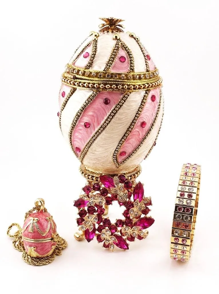 One of a KIND - 1996 Faberge Egg Music Box - Faberge Style Egg - Faberge Pendant Necklace Set, 30th Birthday Anniversary Gift Fabergé Wreath.
