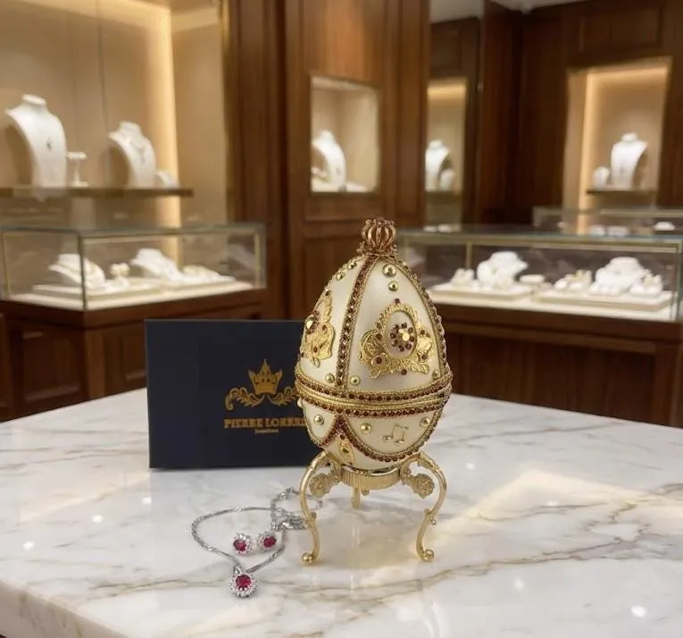 One of a KIND - 1986 Faberge Egg Music Box - Faberge Style Egg - Natural Ruby Diamond Set - 40th Ruby Anniversary Gift for Parents Fabergé
