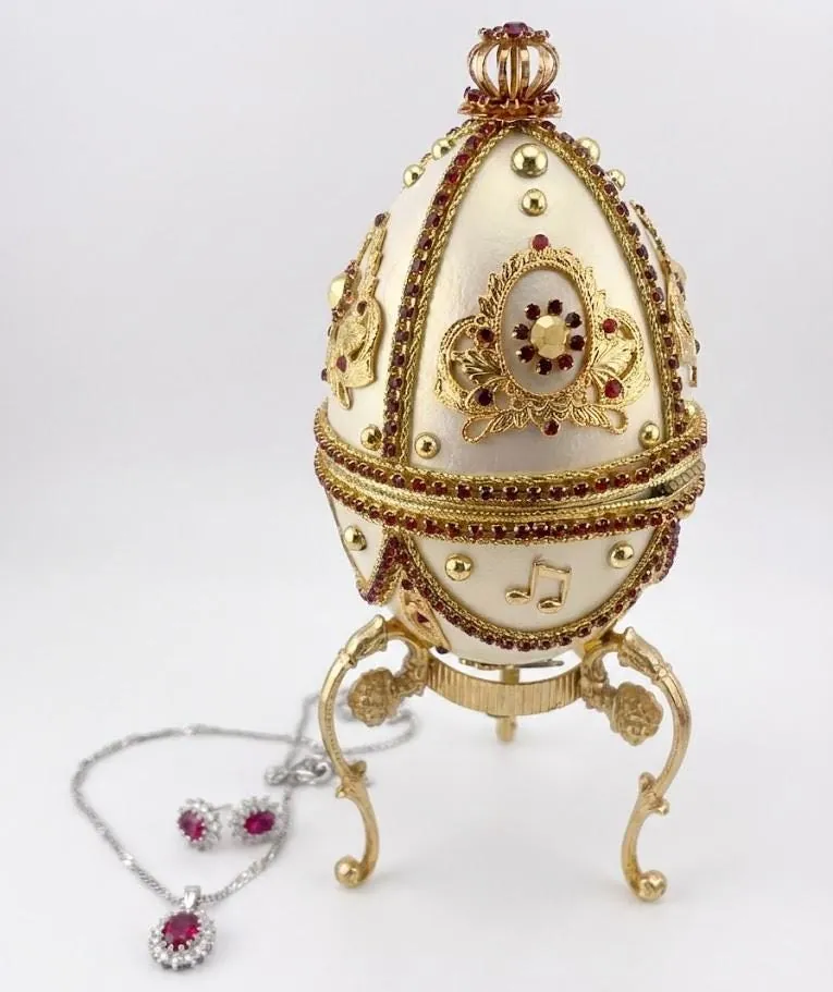 One of a KIND - 1986 Faberge Egg Music Box - Faberge Style Egg - Natural Ruby Diamond Set - 40th Ruby Anniversary Gift for Parents Fabergé