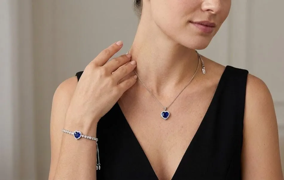 Handmade Heart Sapphire Diamond Bracelet Sapphire Necklace Pendant Set, 18k White Gold Verm 4.5ctw Certified Natural Sapphire Pierre Lorren.