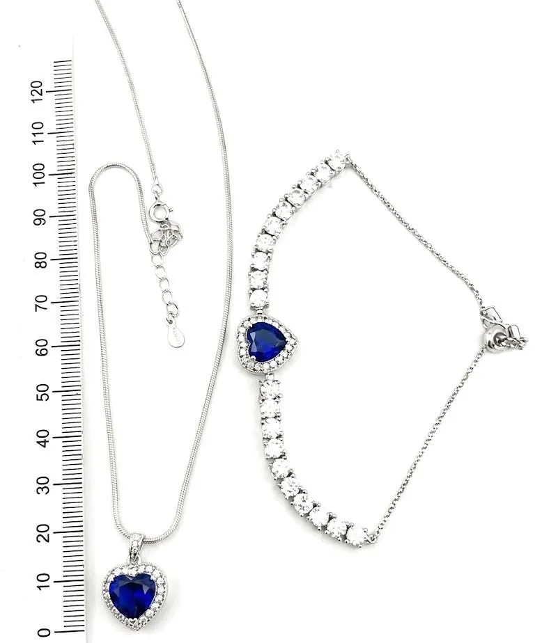 Handmade Heart Sapphire Diamond Bracelet Sapphire Necklace Pendant Set, 18k White Gold Verm 4.5ctw Certified Natural Sapphire Pierre Lorren.