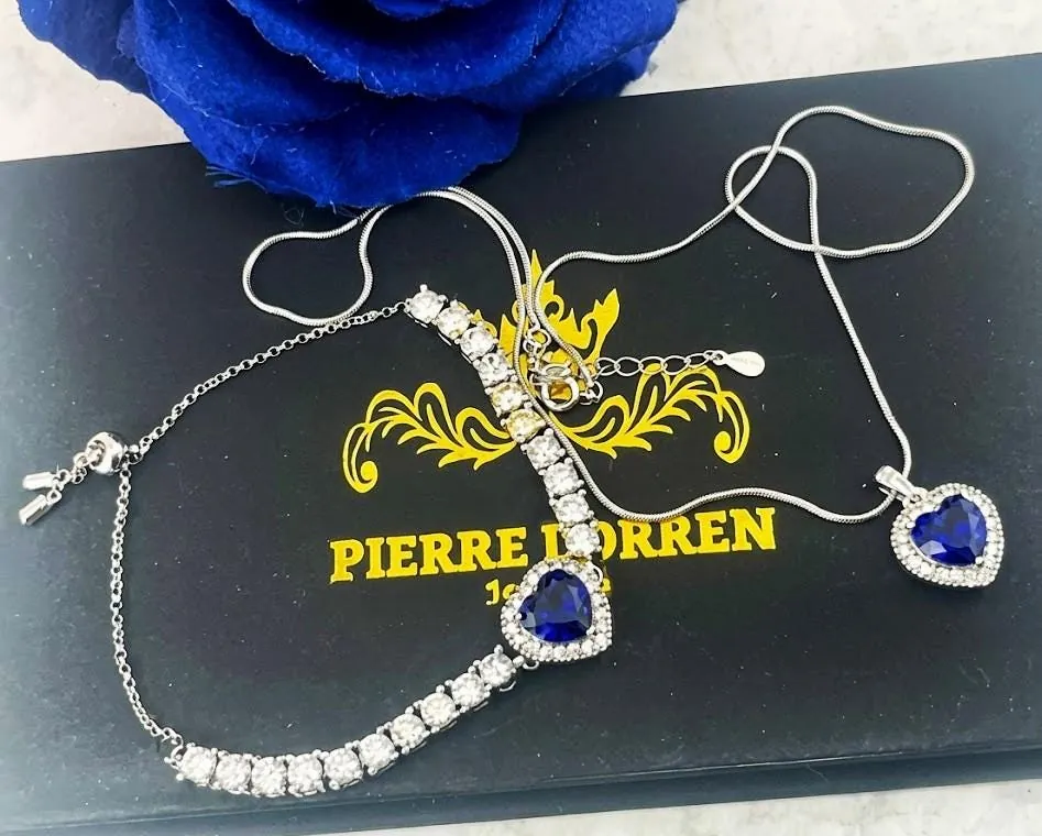 Handmade Heart Sapphire Diamond Bracelet Sapphire Necklace Pendant Set, 18k White Gold Verm 4.5ctw Certified Natural Sapphire Pierre Lorren.