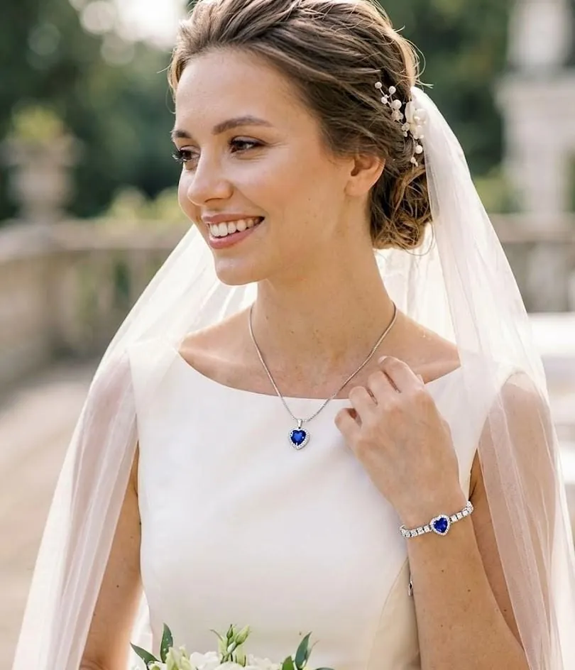 Handmade Heart Sapphire Diamond Bracelet Sapphire Necklace Pendant Set, 18k White Gold Verm 4.5ctw Certified Natural Sapphire Pierre Lorren.
