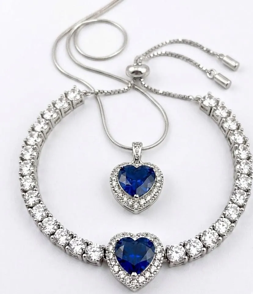 Handmade Heart Sapphire Diamond Bracelet Sapphire Necklace Pendant Set, 18k White Gold Verm 4.5ctw Certified Natural Sapphire Pierre Lorren.