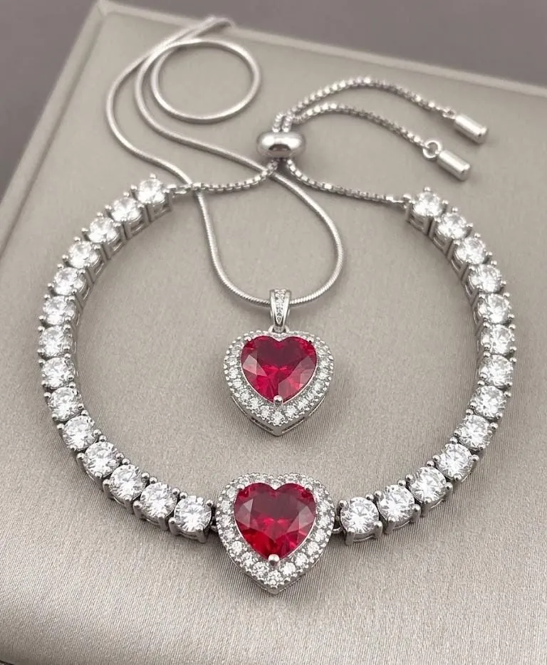 Handmade Heart Ruby Diamond Bracelet Ruby Necklace Pendant SET, 18k White Gold Vermeil, 4.5ctw Certified Natural Ruby by Pierre Lorren