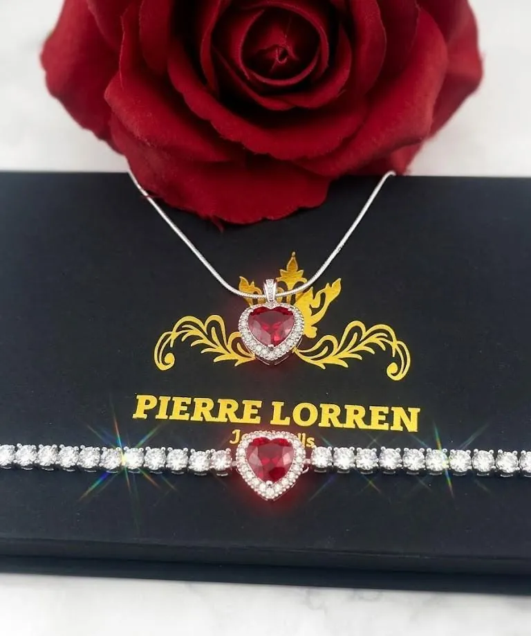 Handmade Heart Ruby Diamond Bracelet Ruby Necklace Pendant SET, 18k White Gold Vermeil, 4.5ctw Certified Natural Ruby by Pierre Lorren