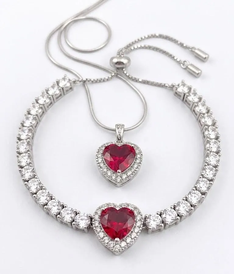 Handmade Heart Ruby Diamond Bracelet Ruby Necklace Pendant SET, 18k White Gold Vermeil, 4.5ctw Certified Natural Ruby by Pierre Lorren