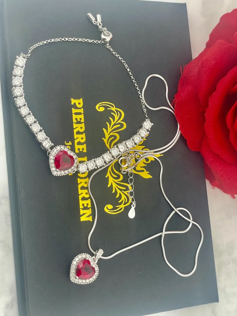 Handmade Heart Ruby Diamond Bracelet Ruby Necklace Pendant SET, 18k White Gold Vermeil, 4.5ctw Certified Natural Ruby by Pierre Lorren