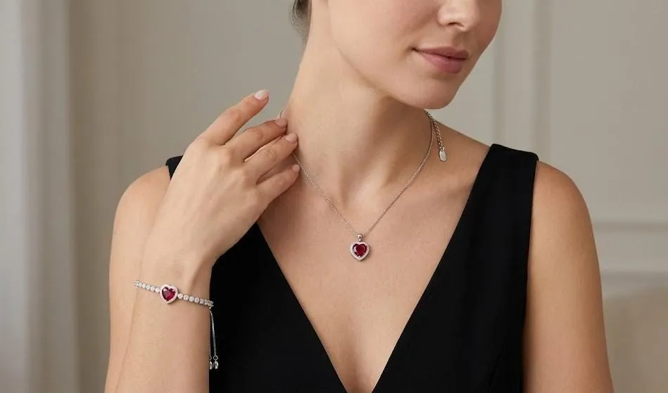 Handmade Heart Ruby Diamond Bracelet Ruby Necklace Pendant SET, 18k White Gold Vermeil, 4.5ctw Certified Natural Ruby by Pierre Lorren