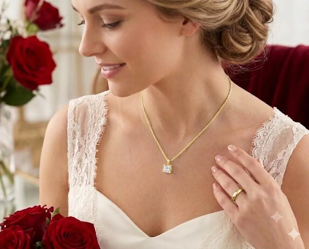Solid 18k Yellow Gold Square Diamond Necklace, Solitaire Diamond Necklace, Square Diamond Pendant, Solid 18kt Gold Rope Chain, 1.5 carat.