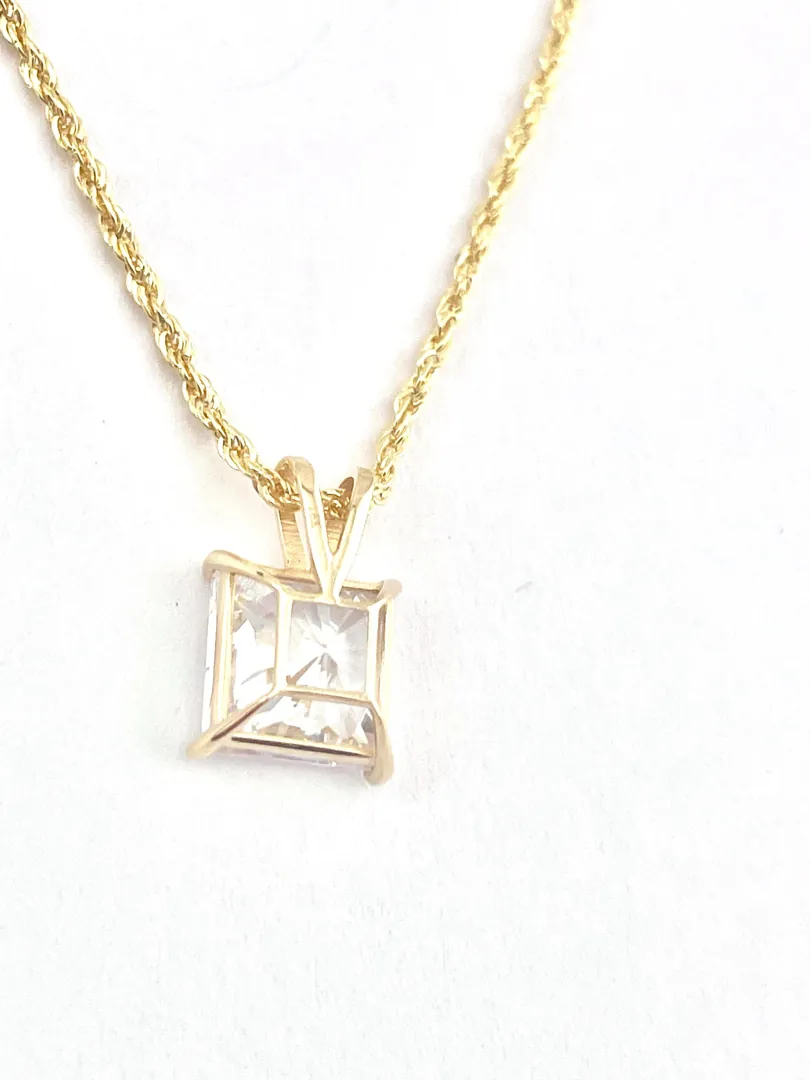 Solid 18k Yellow Gold Square Diamond Necklace, Solitaire Diamond Necklace, Square Diamond Pendant, Solid 18kt Gold Rope Chain, 1.5 carat.