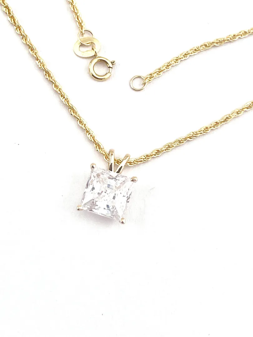 Solid 18k Yellow Gold Square Diamond Necklace. Solitaire Diamond Pendant on Rope Chain. Square Shape Diamond Necklace for Anniversary or Birthday. 1.5 ct.