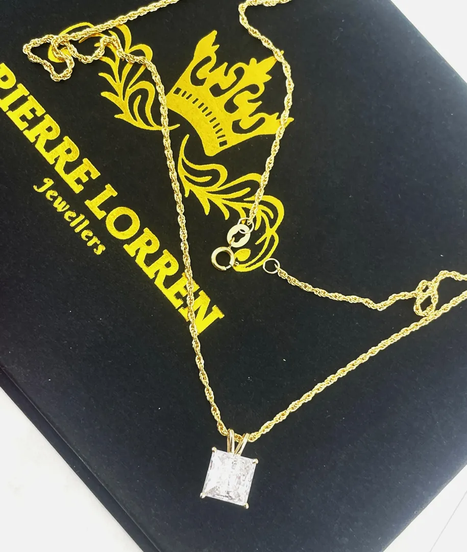Solid 18k Yellow Gold Square Diamond Necklace. Solitaire Diamond Pendant on Rope Chain. Square Shape Diamond Necklace for Anniversary or Birthday. 1.5 ct.