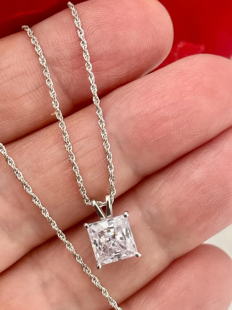 Solid 18k White Gold Square Diamond Necklace, Solitaire Diamond Necklace, Solid 18kt Gold Rope Chain, 1.5 carat.