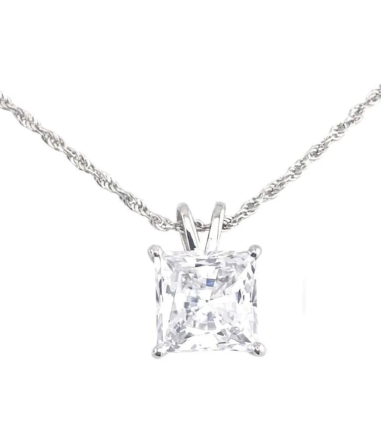 Solid 18k White Gold Square Diamond Necklace, Solitaire Diamond Necklace, Solid 18kt Gold Rope Chain, 1.5 carat.