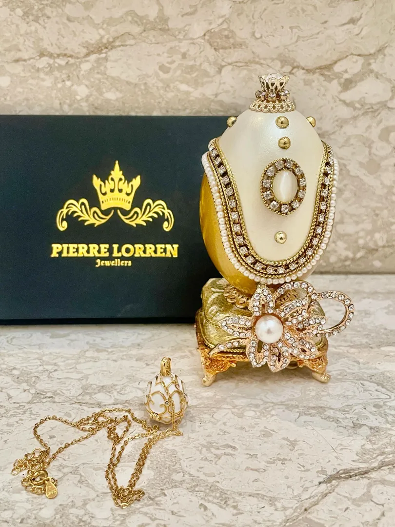 Vintage Faberge Egg Jewelry Box & Silver Faberge Necklace. Natural Handcarved Egg, Pure Gold Deco, Swarovski. Perfect 16th Wedding Anniversary gift for wife.