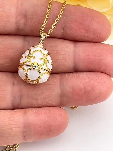 Vintage Faberge Egg Jewelry Box & Silver Faberge Necklace. Natural Handcarved Egg, Pure Gold Deco, Swarovski. Perfect 16th Wedding Anniversary gift for wife.