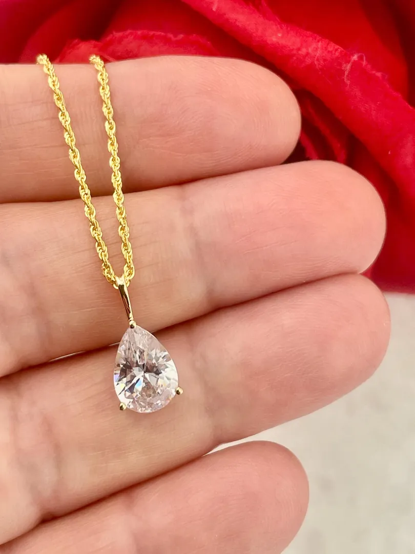 Solid 18k Yellow Gold Pear Diamond Necklace Solitaire Diamond Pendant Rope Chain Pear Shaped Diamond Necklace Anniversary Birthday 1.65 ct