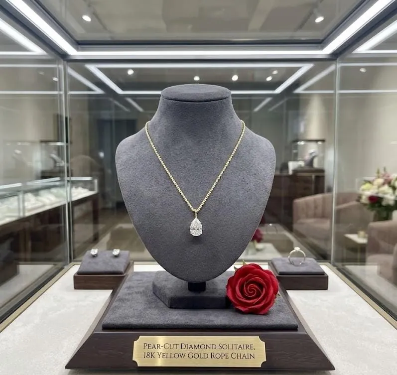 Solid 18k Yellow Gold Pear Diamond Necklace Solitaire Diamond Pendant Rope Chain Pear Shaped Diamond Necklace Anniversary Birthday 1.65 ct