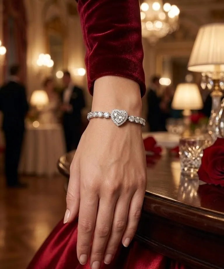 Handmade Heart Diamond Bracelet, 18k White Gold Vermeil, 4.5ctw Certified Diamond Fine Jewelry Lab Created Moss by Pierre Lorren.