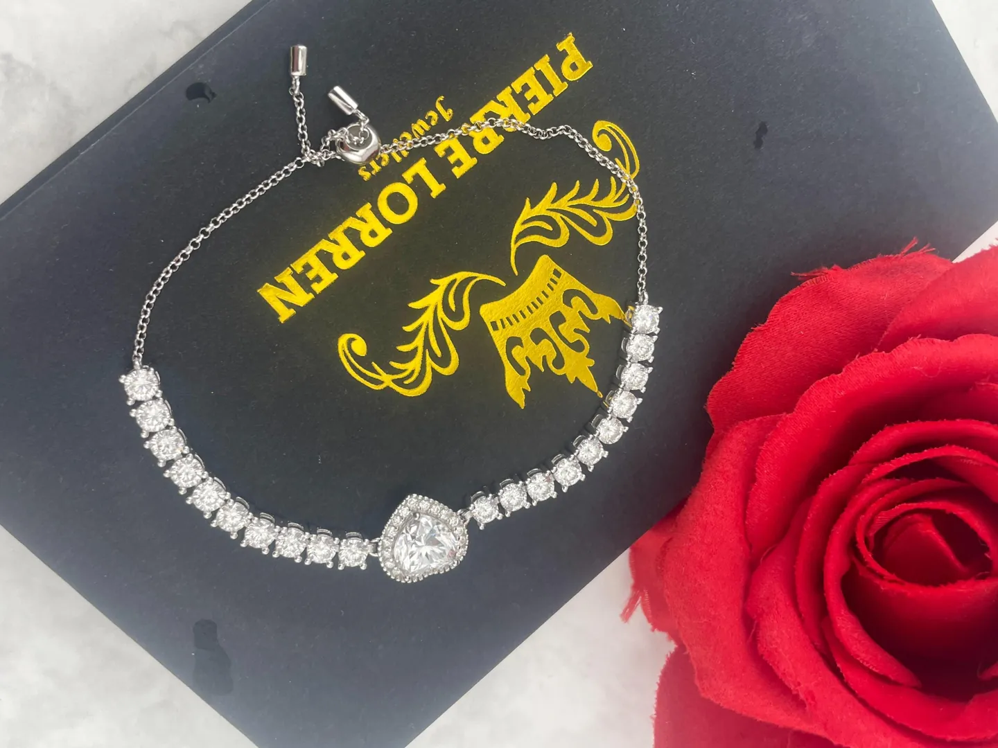 Handmade Heart Diamond Bracelet, 18k White Gold Vermeil, 4.5ctw Certified Diamond Fine Jewelry Lab Created Moss by Pierre Lorren.