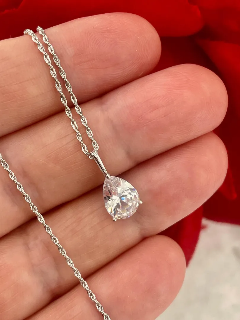 Solid 18k White Gold Pear Diamond Necklace Solitaire Diamond Pendant Rope Chain Pear Shaped Diamond Necklace Anniversary Birthday 1.65 carat.