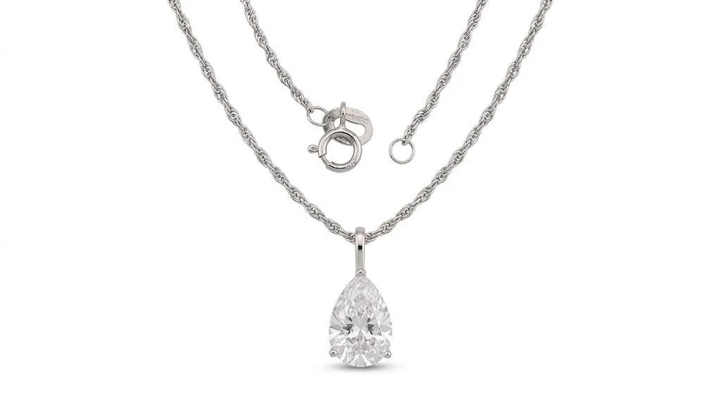 Solid 18k White Gold Pear Diamond Necklace Solitaire Diamond Pendant Rope Chain Pear Shaped Diamond Necklace Anniversary Birthday 1.65 carat.