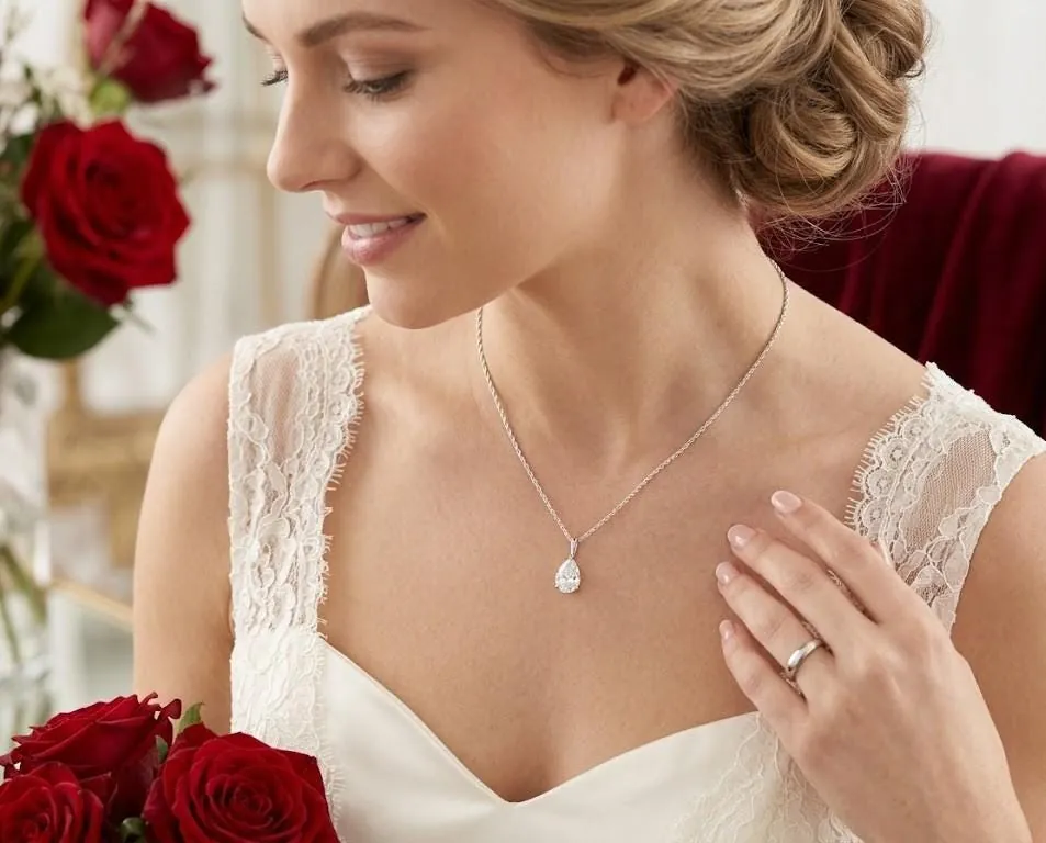 Solid 18k White Gold Pear Diamond Necklace Solitaire Diamond Pendant Rope Chain Pear Shaped Diamond Necklace Anniversary Birthday 1.65 carat.