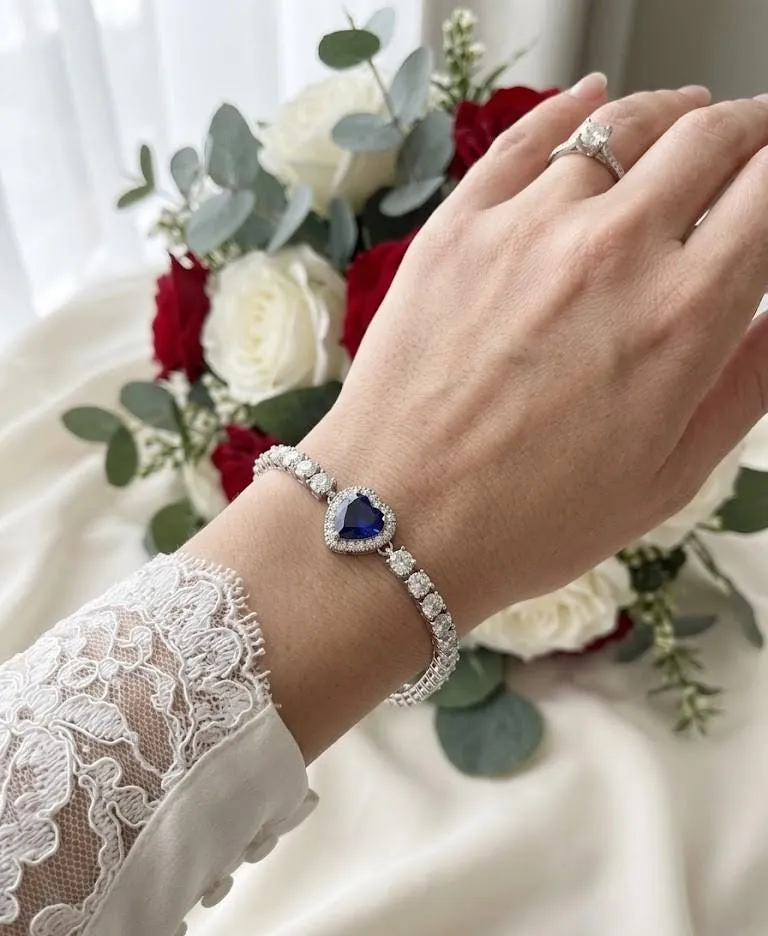 Handmade Heart Sapphire Diamond Bracelet, 18k White Gold Vermeil, 4.5ctw Certified Natural Sapphire by Pierre Lorren