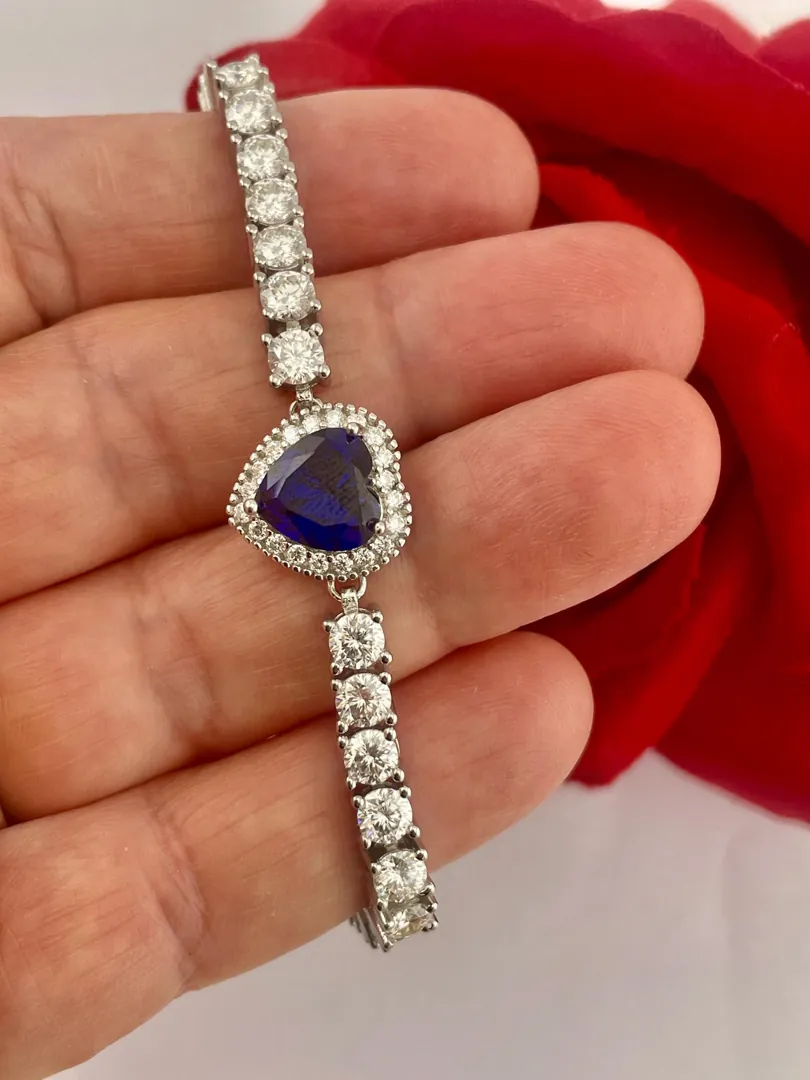Handmade Heart Sapphire Diamond Bracelet, 18k White Gold Vermeil, 4.5ctw Certified Natural Sapphire by Pierre Lorren