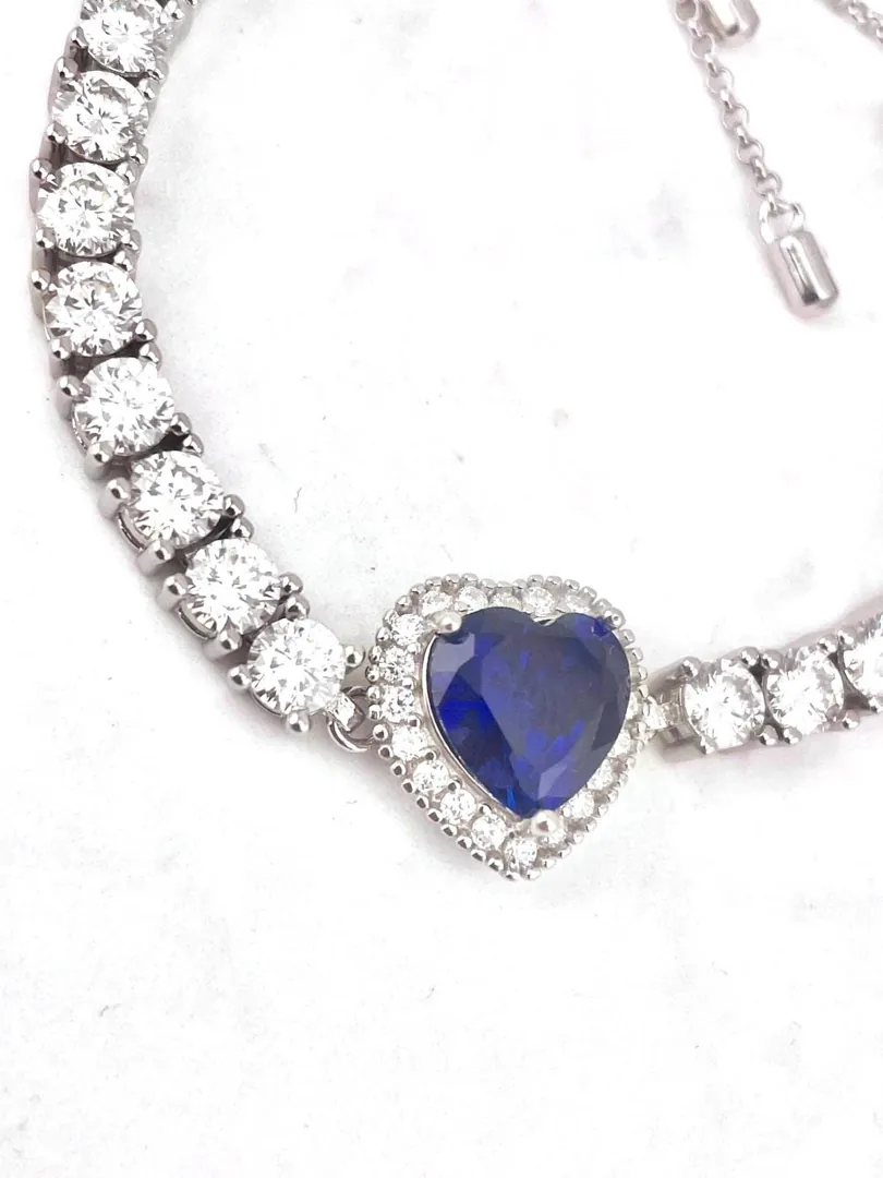 Handmade Heart Sapphire Diamond Bracelet, 18k White Gold Vermeil, 4.5ctw Certified Natural Sapphire by Pierre Lorren