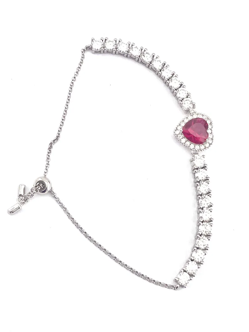 Handmade Heart Ruby Diamond Bracelet, 18k White Gold Vermeil, 4.5ctw Certified Natural Ruby by Pierre Lorren.