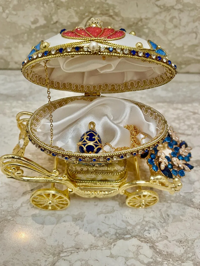 Antique 1996 Faberge Egg Music Box, 30th Anniversary Gift for Wife, 30 Year Old Birthday, Natural Eggshell, Pure Gold Decor, Swarovski - Handmade.