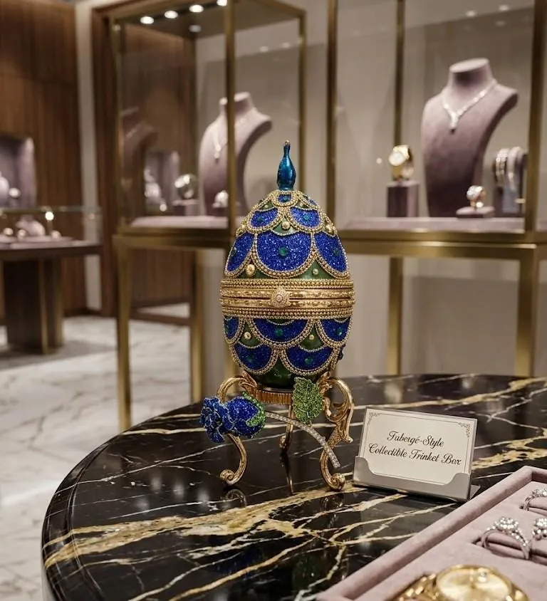 2005 Peacock Fabergé Egg Musical Natural Egg Trinket & Fabergé Egg Necklace Gold Deco Swarovski Abundance Gift for Women 6.7