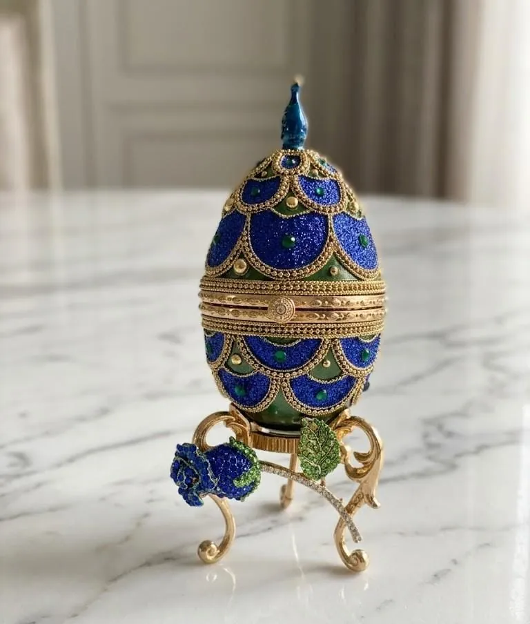 2005 Peacock Fabergé Egg Musical Natural Egg Trinket & Fabergé Egg Necklace Gold Deco Swarovski Abundance Gift for Women 6.7