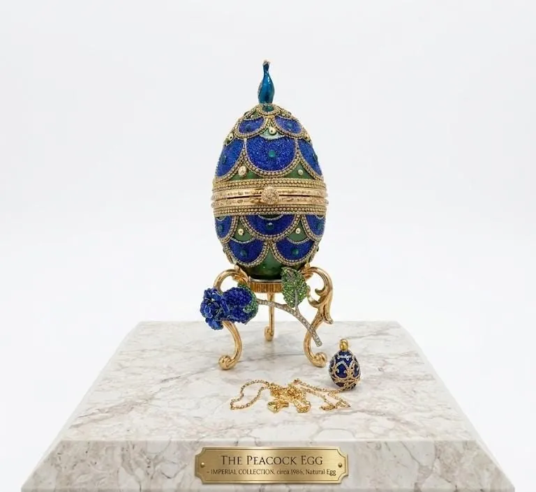 2005 Peacock Fabergé Egg Musical Natural Egg Trinket & Fabergé Egg Necklace Gold Deco Swarovski Abundance Gift for Women 6.7