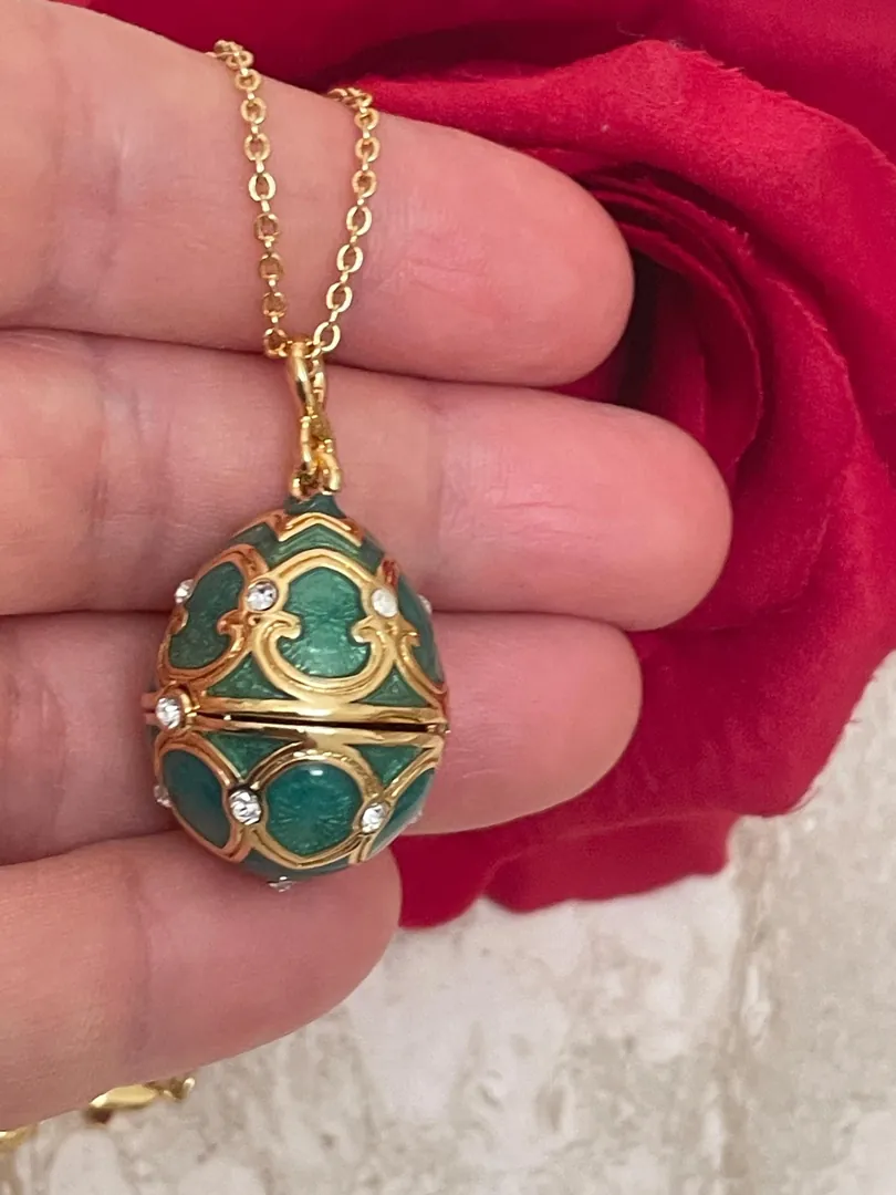 Unique Fabergé Egg Necklace Jewelry: Austrian Crystal Diamond Fabergé Egg Pendant Handmade Jewelry 18k Silver Jewelry by Pierre Lorren.