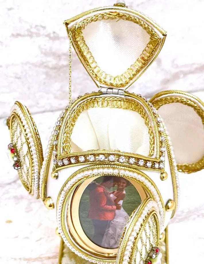 Vintage 1988 Faberge Style Music Box Real Eggshell, Austrian Crystals, Pure Gold Embellished Daughter Wedding Gift for Bridal Shower Photo.