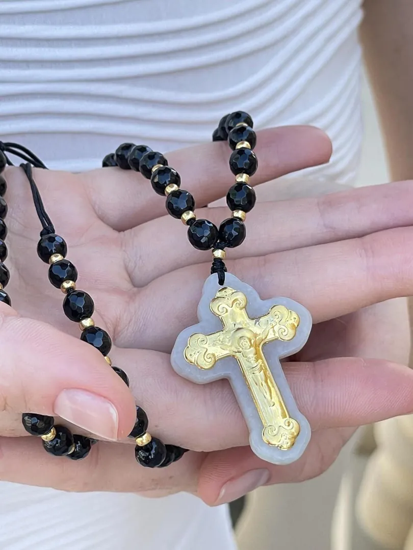 18k Solid Gold Crucifix Necklace, Christian Rosary Necklace for Women, Natural Gemstone Jewelry, Christian Gifts, 70 Natural Jade 4mm Gemstones.