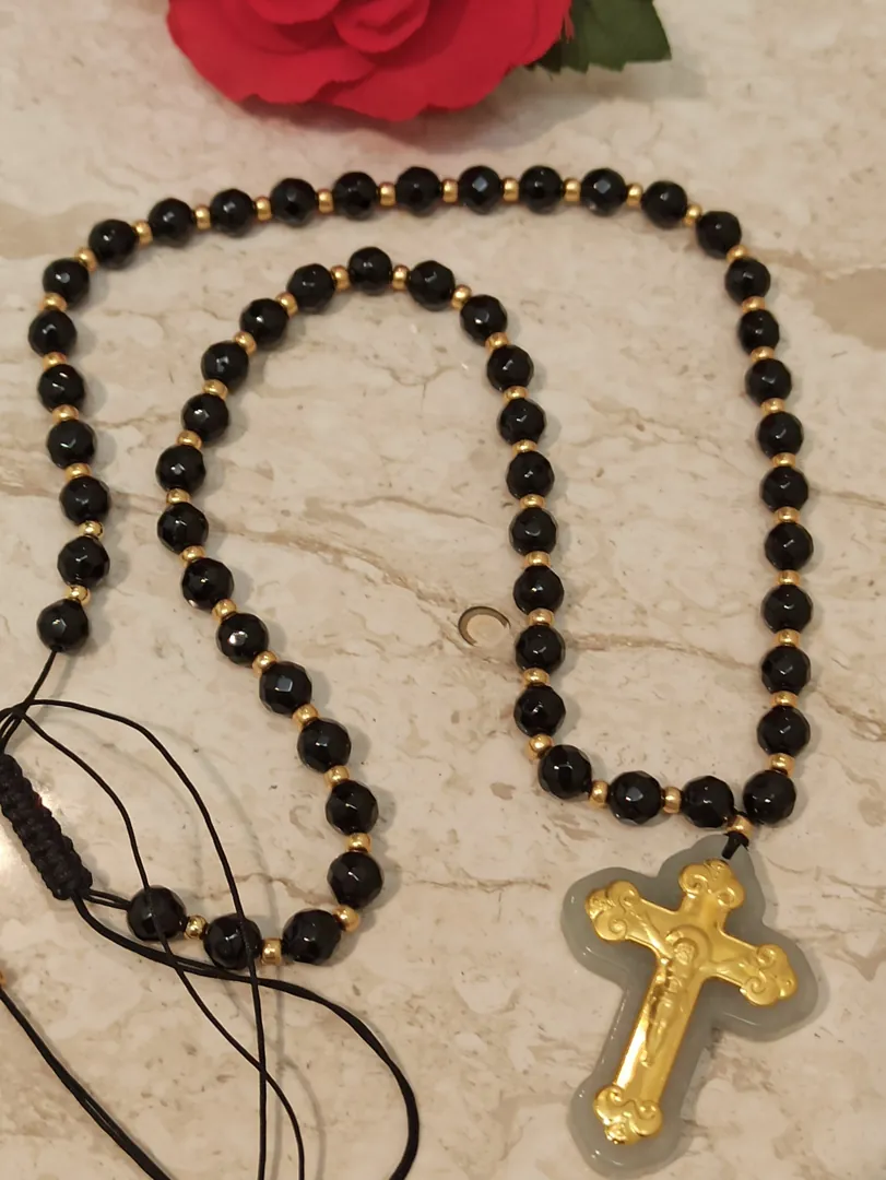18k Solid Gold Crucifix Necklace, Christian Rosary Necklace for Women, Natural Gemstone Jewelry, Christian Gifts, 70 Natural Jade 4mm Gemstones.