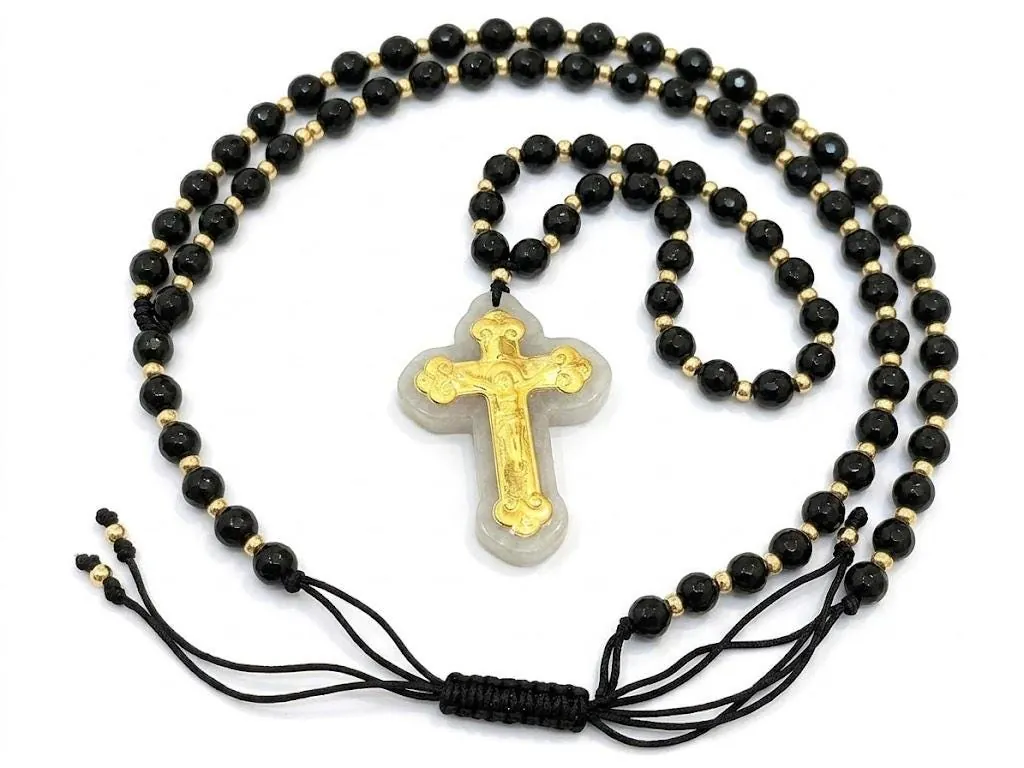 18k Solid Gold Crucifix Necklace, Christian Rosary Necklace for Women, Natural Gemstone Jewelry, Christian Gifts, 70 Natural Jade 4mm Gemstones.