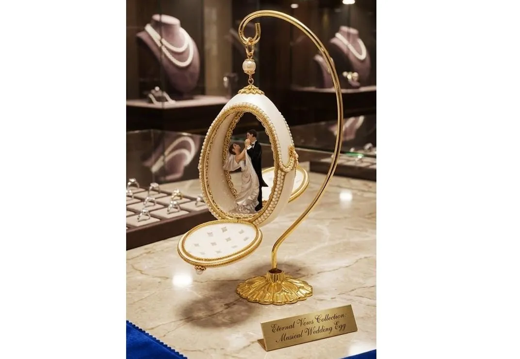 Vintage 1989 Faberge Style Music Box – Real Goose Eggshell, Austrian Crystals, Pure Gold Embellished. Perfect Daughter Wedding Gift for Bridal Shower.