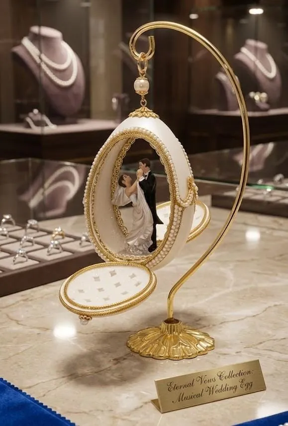 Vintage 1989 Faberge Style Music Box – Real Goose Eggshell, Austrian Crystals, Pure Gold Embellished. Perfect Daughter Wedding Gift for Bridal Shower.