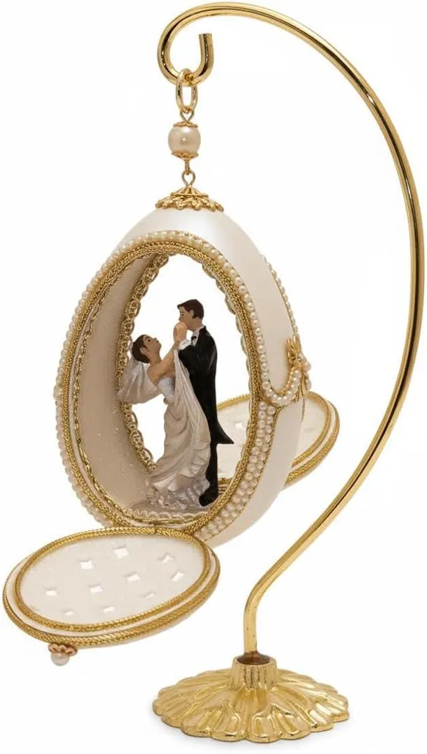 Vintage 1989 Faberge Style Music Box – Real Goose Eggshell, Austrian Crystals, Pure Gold Embellished. Perfect Daughter Wedding Gift for Bridal Shower.