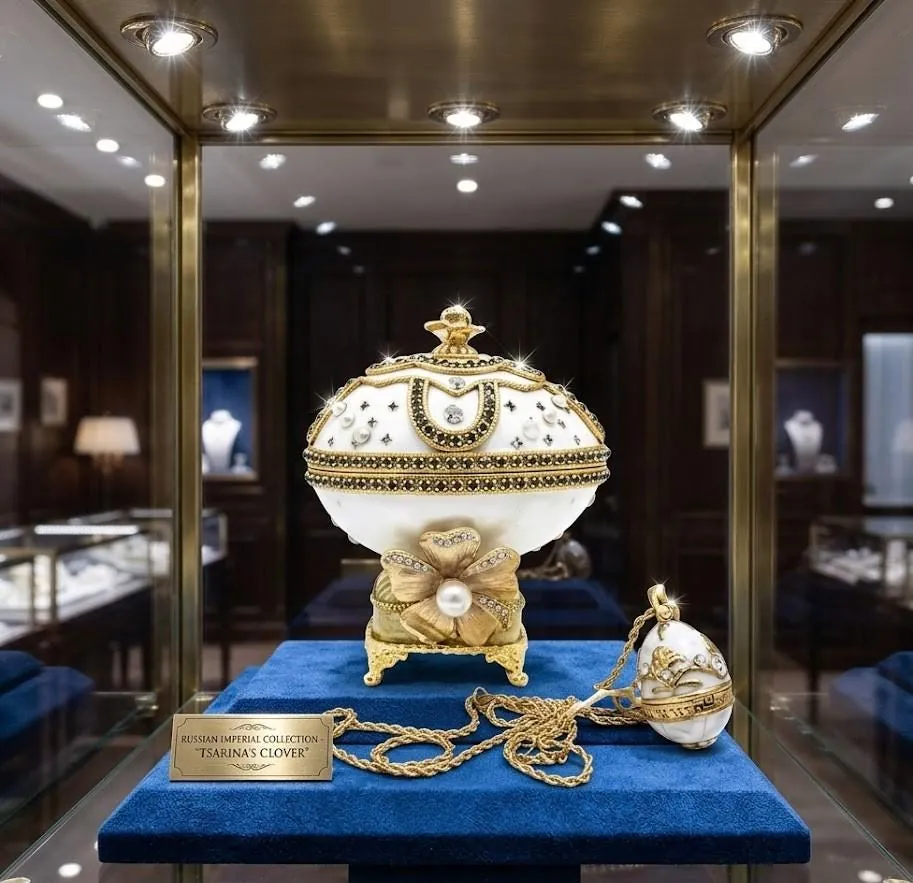2010 Vintage Faberge Egg Jewelry Box Fabergé Style Eggs Real Egg Shell Faberge Music Box Austrian Crystal Diamonds Pure Gold - Pierre Lorren