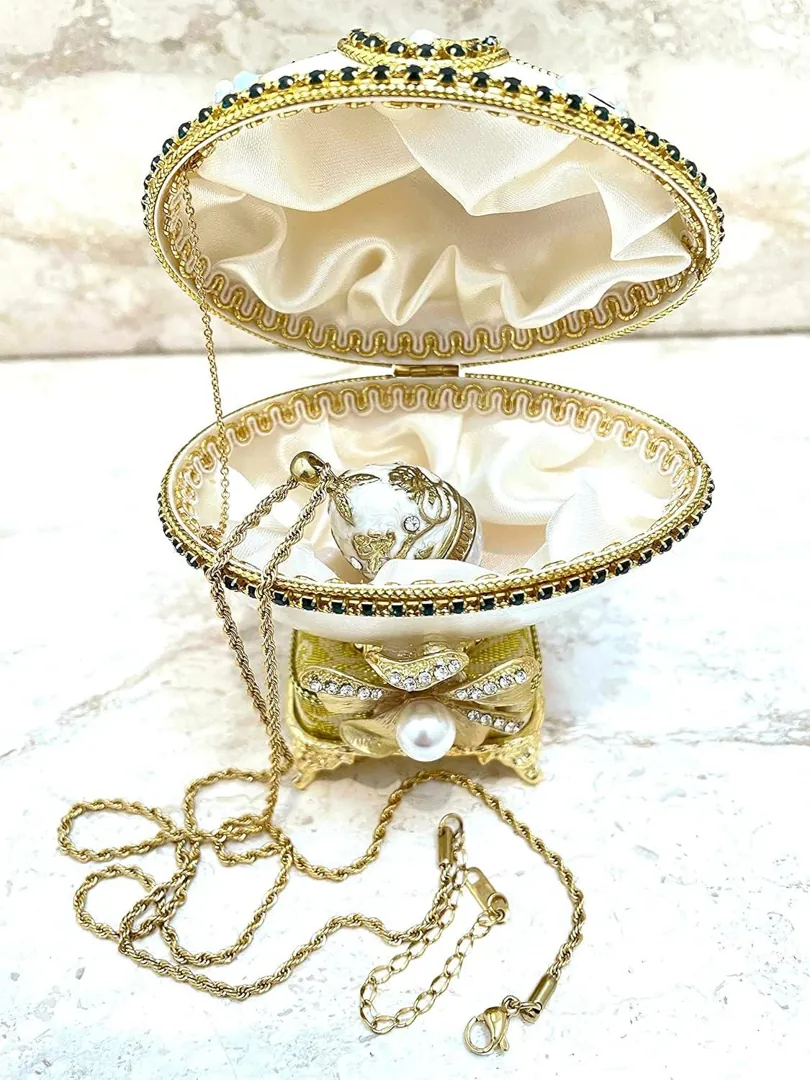 2010 Vintage Faberge Egg Jewelry Box Fabergé Style Eggs Real Egg Shell Faberge Music Box Austrian Crystal Diamonds Pure Gold - Pierre Lorren
